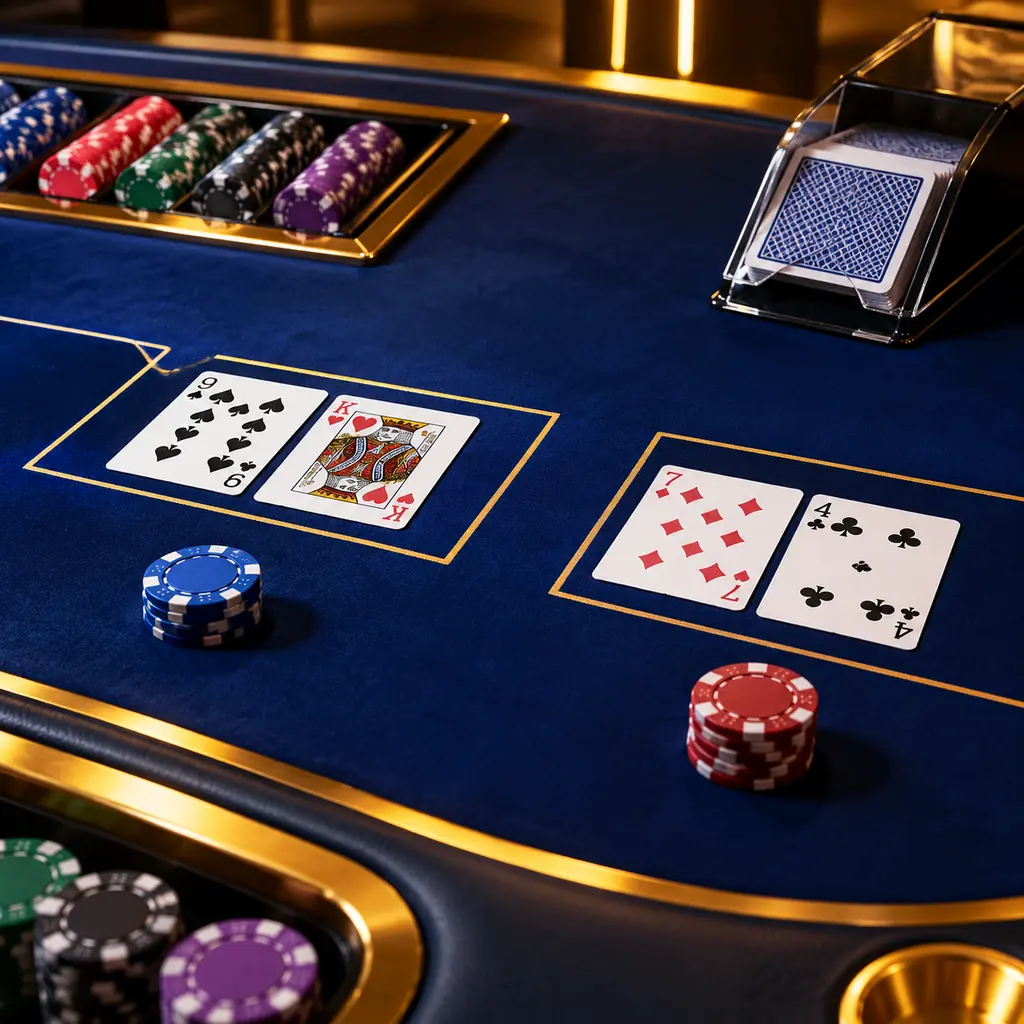 Meja baccarat dengan kartu, shoe dan tumpukan chip