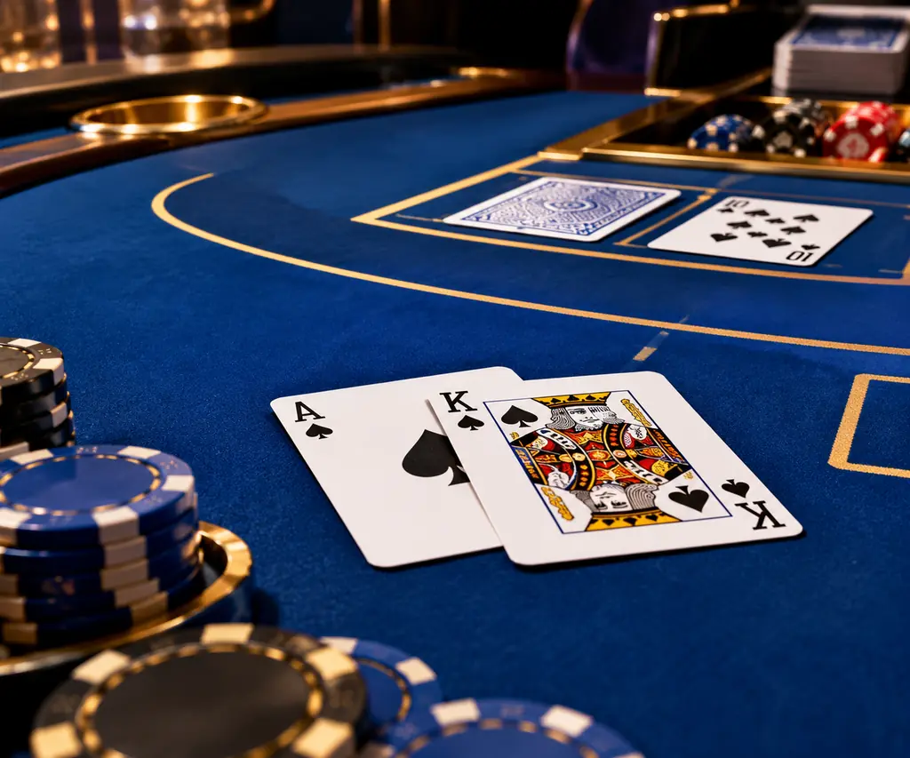 Kartu as dan raja pada meja blackjack dengan chip