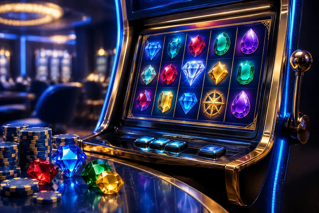 Mesin slot dengan simbol permata dan keping kasino