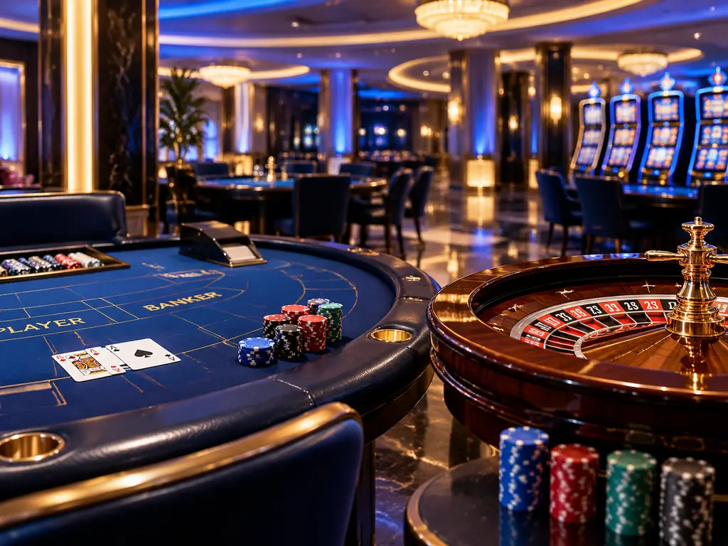 Ilustrasi ruang casino dengan meja kartu dan roda roulette bernuansa biru kobalt