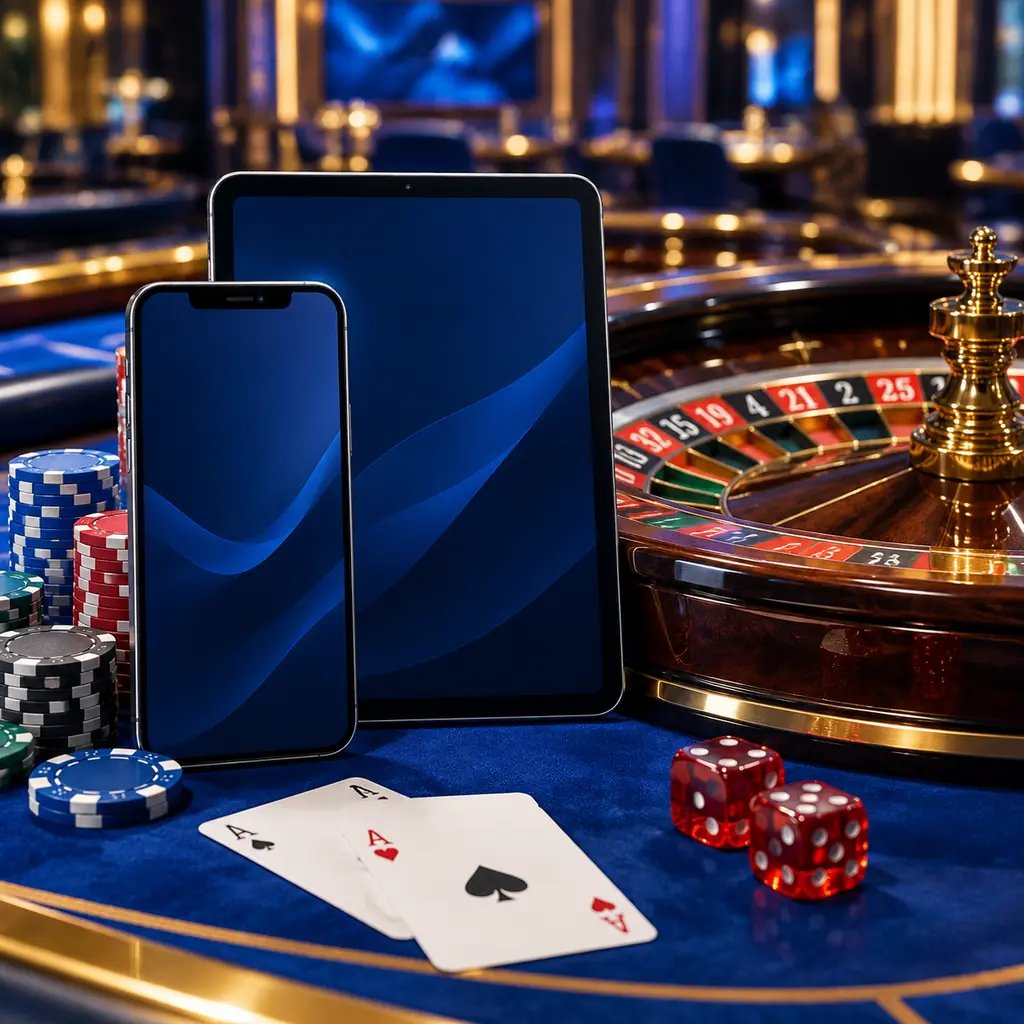 Ponsel dan tablet di dekat meja roulette kasino