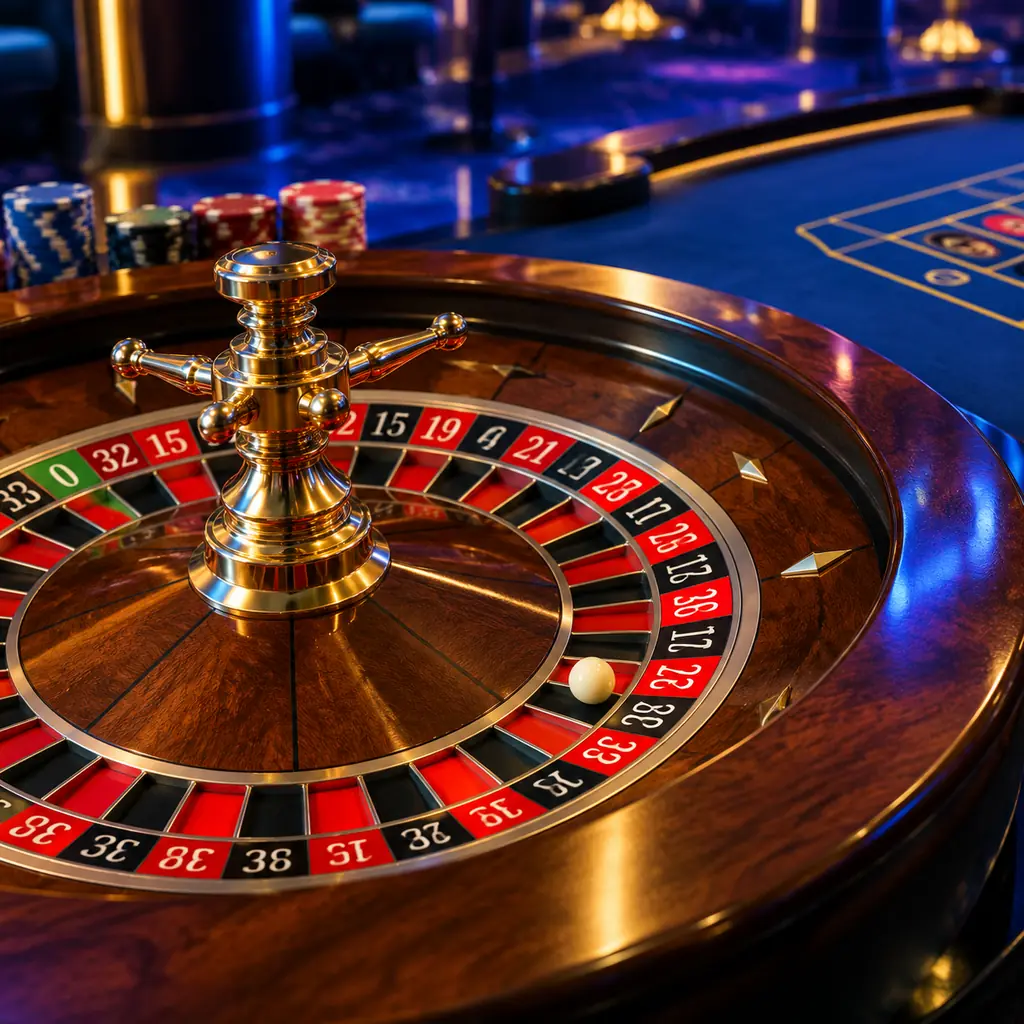 Roda roulette dengan bola dan tepi kayu