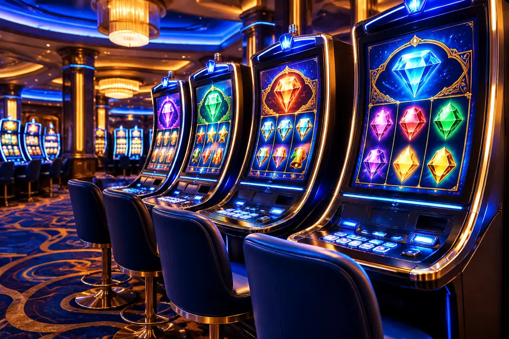 Deretan mesin slot video di ruang kasino bernuansa biru