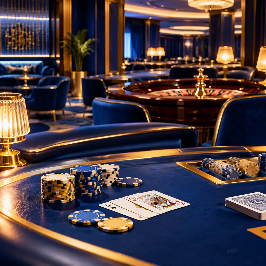 Ilustrasi meja dan interior casino bernuansa biru dan emas