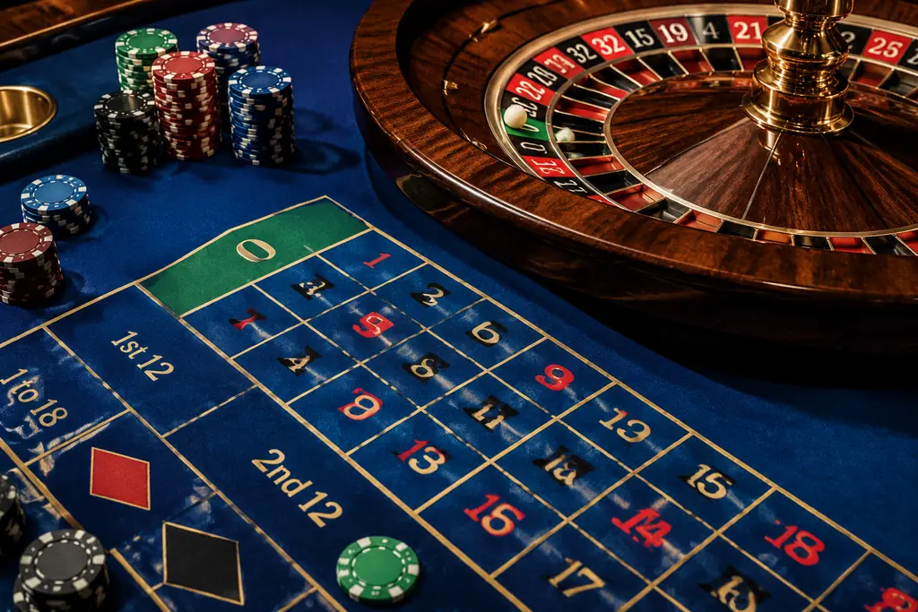 Susunan taruhan roulette dan roda di meja kasino